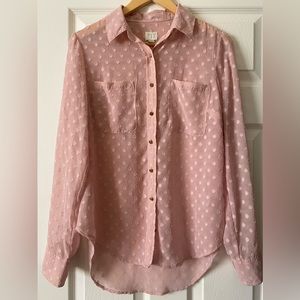 A New Day Pink Polka Dot Sheer Blouse Button Down Work Day to Night Size Size S